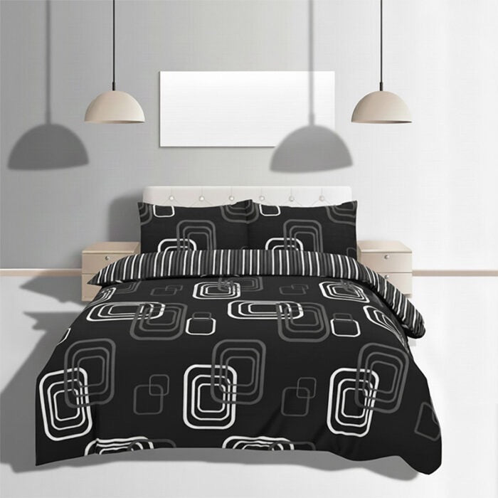Duvet Cover And Pillowcase Set Geometric Square Design Polycotton