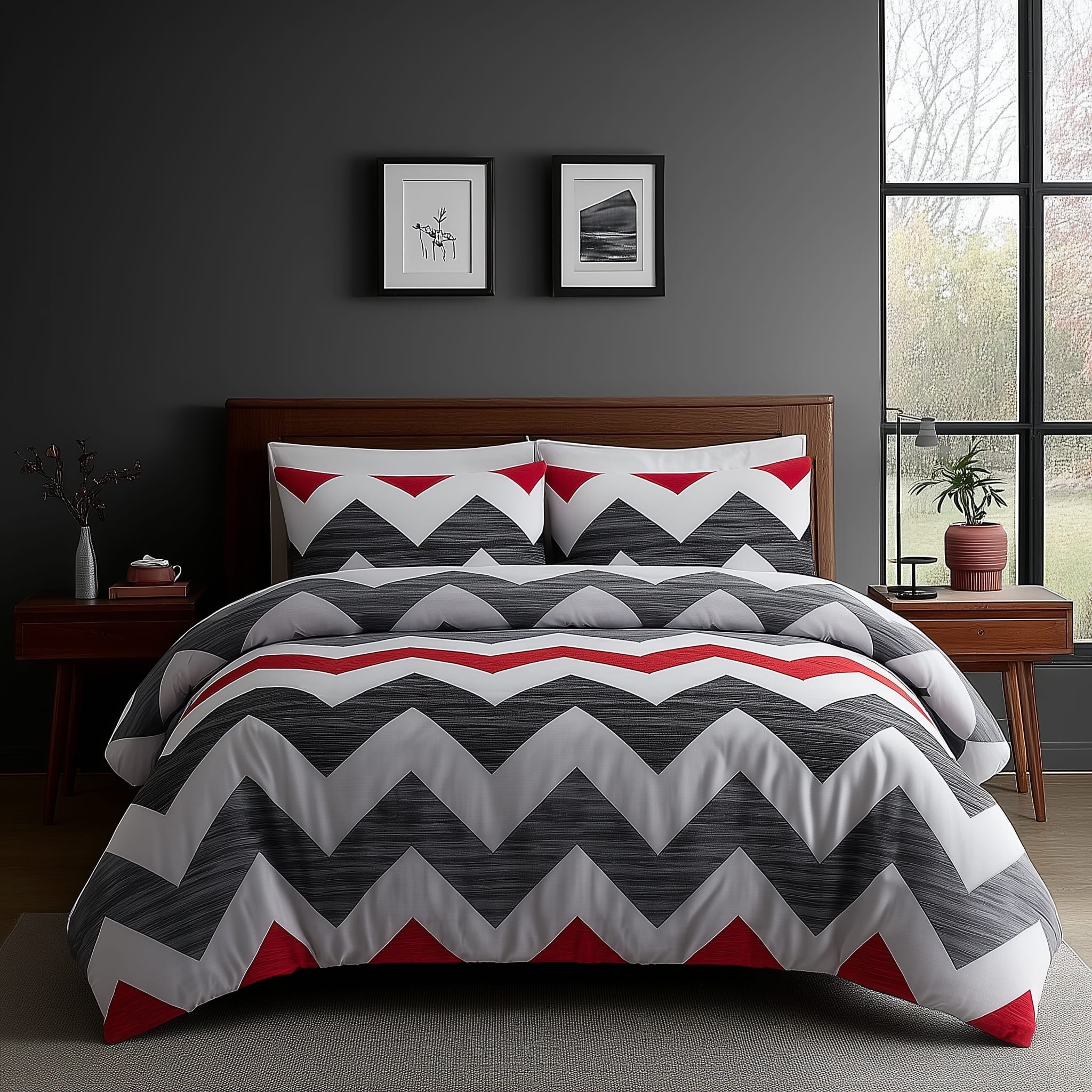 Duvet Cover And Pillowcase Set Grey And Red Zig Zag Reversible Print Design Polycotton Bed Linen
