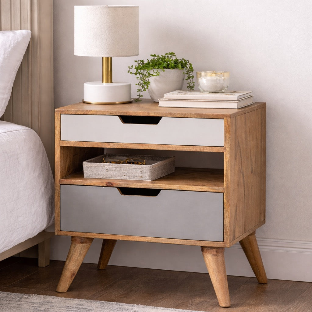 Grey and White Cut Out Bedside Table - Modern Nightstand with Storage