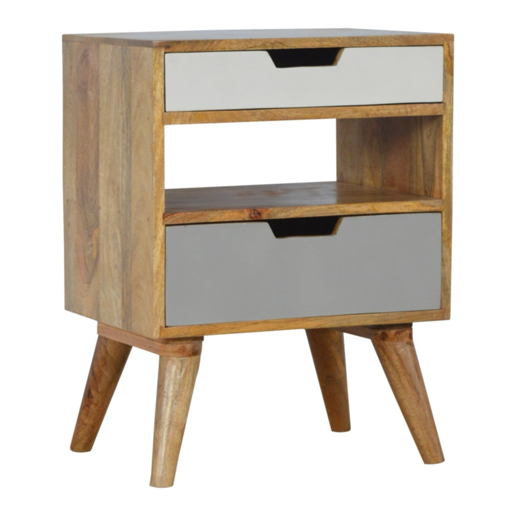 Grey and White Cut Out Bedside Table - Modern Nightstand with Storage