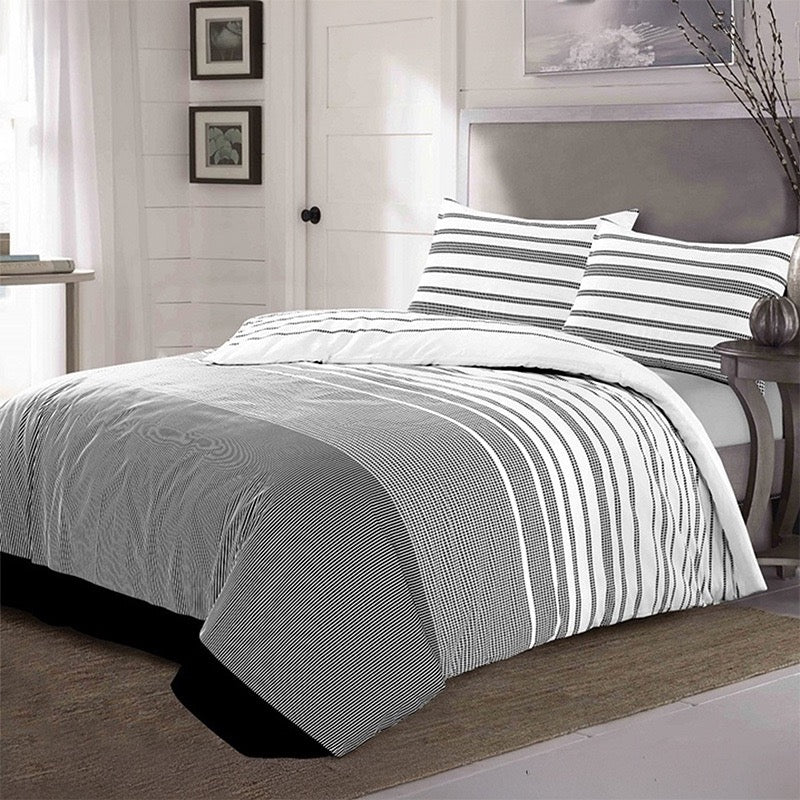 Duvet Cover And Pillowcase Set Black Stripe Monochrome Design Polycotton